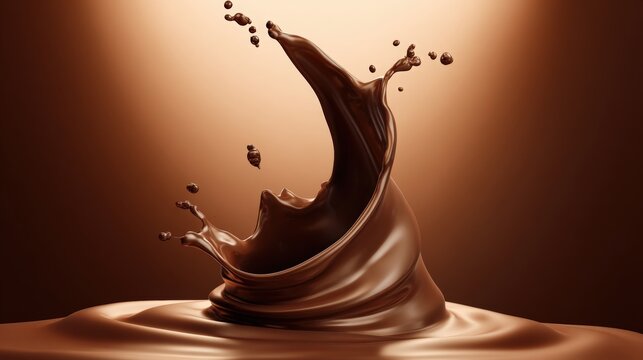 A splash of rich, creamy chocolate creates a dynamic, artistic shape against a warm, brown background, capturing the essence of indulgence and luxury.
