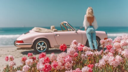 A woman stands by a pink convertible on a beach, surrounded by vibrant flowers, with the ocean in the background under a clear blue sky.