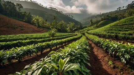 Naklejka premium Wide-angle shot of highland coffee plantation under misty morning light. Rows of trees stretch far with green foliage and brown soil. Peaceful tropical agriculture.