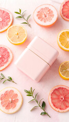 Minimalist Pink Product Display Amidst Citrus Slices and Green Sprigs for a Refreshing Aesthetic