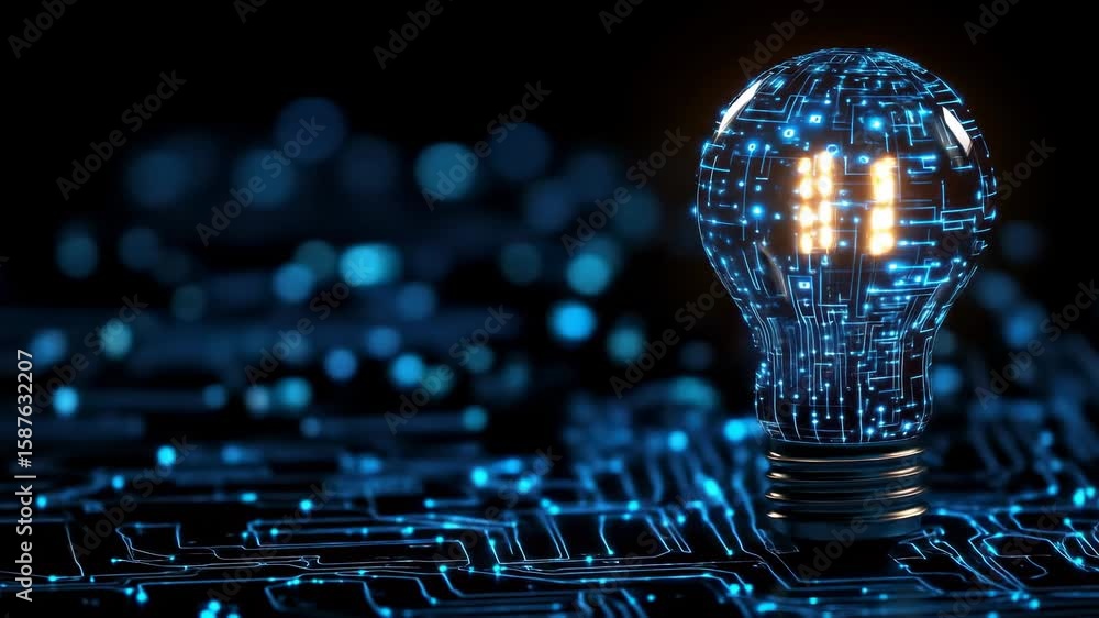 Poster futuristic lightbulb with glowing circuit patterns