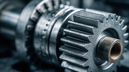 Fototapeta premium Close-up of a metallic gear mechanism, showcasing detailed teeth and industrial engineering components in a mechanical setting.