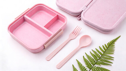 Pastel Pink Lunchbox Set with Utensils and Case for Food Storage and Organization on White Backdrop