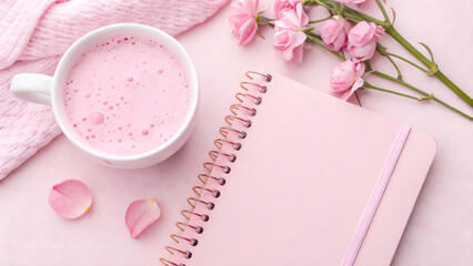 Pastel Pink Aesthetic with Coffee, Roses, and Notebook for Feminine Workspace Inspiration and Creative Planning