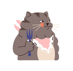 Avatar of cute hungry cat licking its lips. Happy chubby kitty is holding a fork in paw for eating. Portrait of funny plump kitten with bib. Flat isolated vector illustration on white background