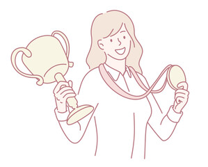 A cheerful woman proudly displaying a trophy and shiny medal that symbolize significant achievement and success
