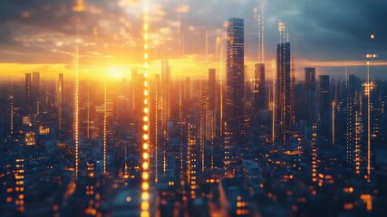 Futuristic cityscape at sunset, illuminated by glowing vertical lines - Powered by Adobe