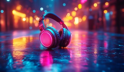 Glowing pink headphones on wet neon lit street at night