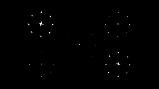 Twinkle sparkle stars blinking doodle animation, white cartoon particles glitter glow, 4K motion effect on black background, night sparkle twinkle light magic shine festive element.