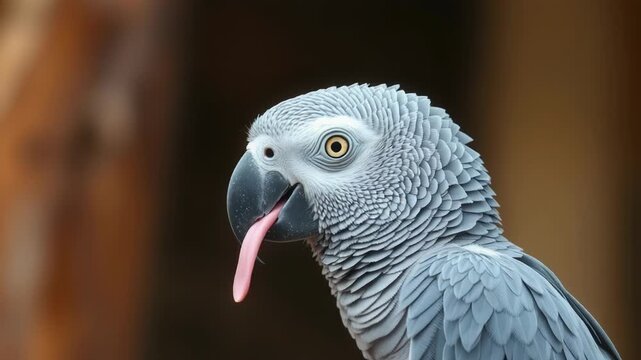 Closeup profile of an intelligent african grey parrot with striking yellow eyes and a sharp beak