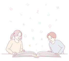 Two children explore a book as colorful letters float around them, depicting learning and curiosity.