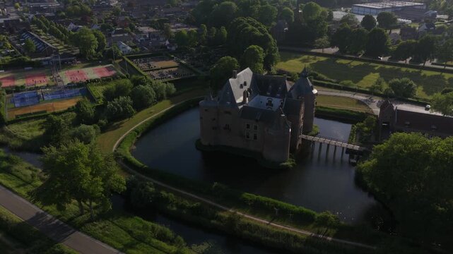 Ammersoyen Castle in Ammerzoden, The Netherlands. Ammersoyen Castle is one of the best preserved medieval castles in the Netherlands. Aerial video.