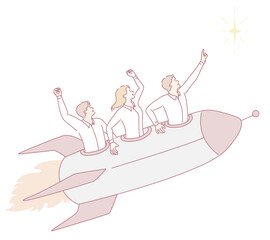 A joyful trio is launching an exciting rocket, showcasing their teamwork, ambition, and thrill for exploration