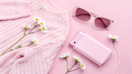 Pink Aesthetic Still Life Composition Featuring a Sweater, Sunglasses, Phone Case, and Daisies on a Pink Background