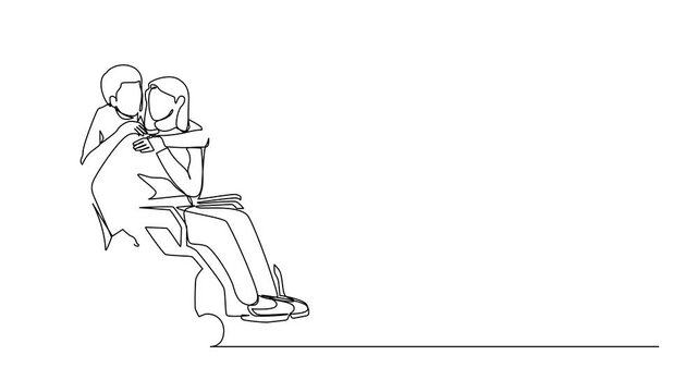 Self drawing animation of continuous line drawing woman in wheelchair after car accident and her husband to give encouragement. Mutual care has made people with disabilities. Full length animated