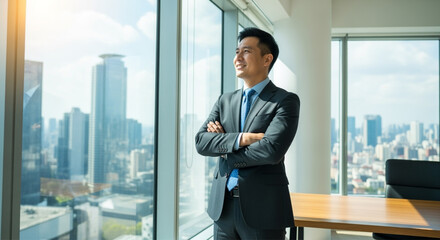 Fototapeta premium Confident Asian businessman dressed in formal suit looks out panoramic window with smile.