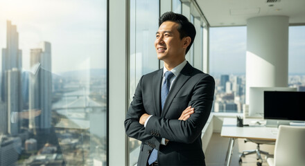 Confident Asian businessman dressed in formal suit looks out panoramic window with smile.