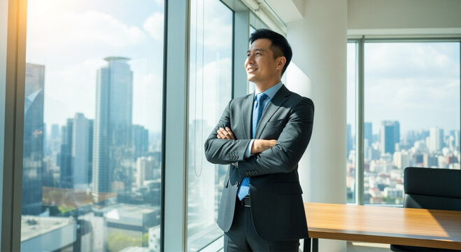 Confident Asian businessman dressed in formal suit looks out panoramic window with smile. - Powered by Adobe