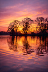 Obraz premium Sunset Symmetry: A Harmonious Dance of Colors along the Horizon's Axis