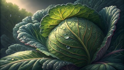 Obraz premium Close-up of fresh green cabbage with morning dew and sunlight