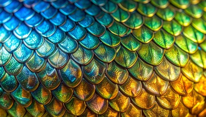 Iridescent Close-Up Macro Texture of Colorful Dragon Scales Pattern Surface