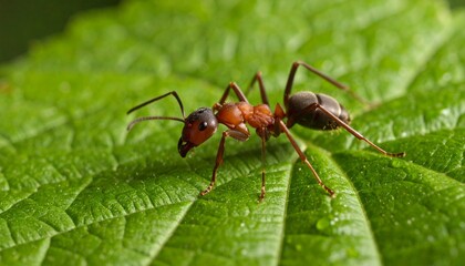 Detailed Macro of Red Ant on Vibrant Green Leaf Outdoor