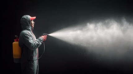 Person in protective clothing using a sprayer to emit mist against a dark background, highlighting sanitation and hygiene practices.