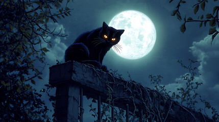 Black cat on fence post at night