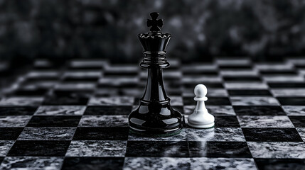 black chess king lying on chess board with white pawn upright next to it