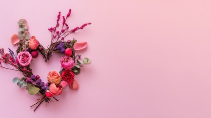 Heart-shaped floral wreath with pink and purple flowers on a soft pink background, symbolizing love and romance.