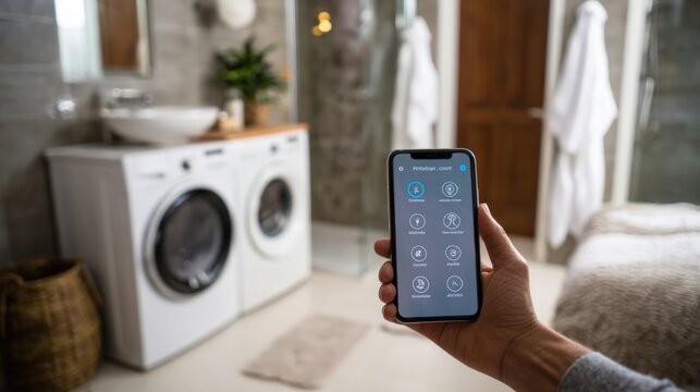 A hand holding a smartphone with a smart home app in a modern bathroom setting, featuring a washing machine and dryer.