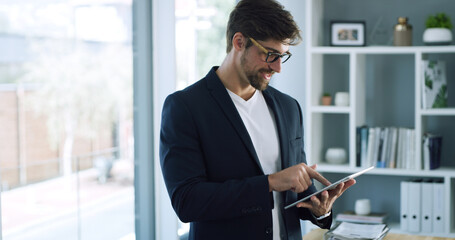 Businessman, tablet and scroll with report in office for planning, company consultant and...