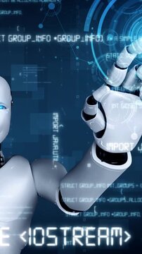 Futuristic robot artificial intelligence huminoid AI programming coding technology development and machine learning concept. Robotic bionic science research for future of human life. 3D rendering.