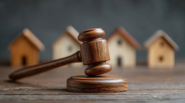Wooden gavel on a table with small model houses in the background, representing real estate law or property auctions.