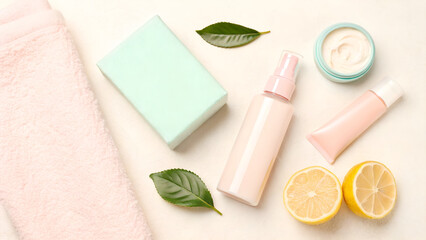 Spa Day Still Life with Towel, Lotions, Lemon, and Leaves for a Relaxing and Rejuvenating Experience
