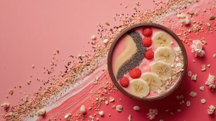 A vibrant smoothie bowl with bananas, raspberries, chia seeds, and oats on a pink background, surrounded by scattered grains and flowers.