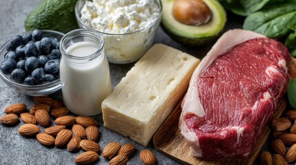 Assorted healthy foods including raw steak, cheese, blueberries, almonds, milk, avocado, and spinach displayed on a textured surface.