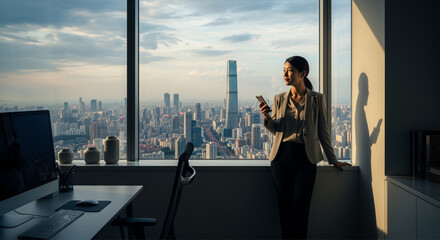 Successful Asian young businesswoman holding smartphone, admiring big city view through panoramic window.