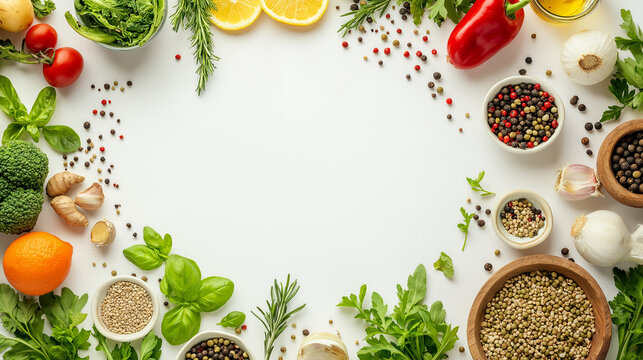 Healthy food ingredients and spices on white background
