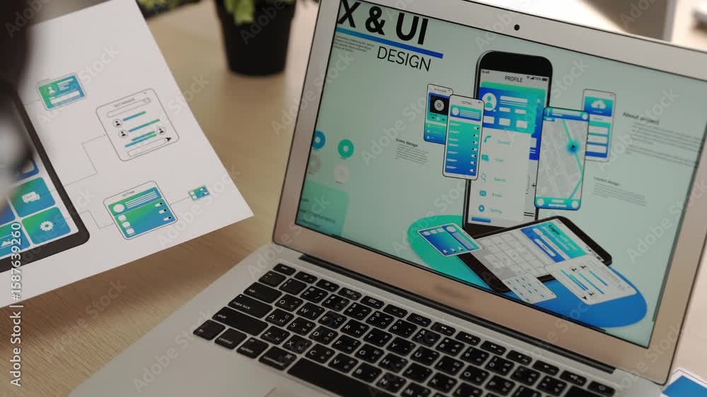 Poster panorama video of startup ux developer or company employee using laptop design user interface or ui 