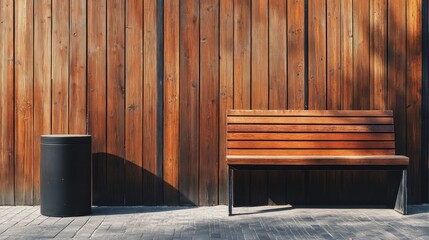 Bench and modern waste bin made of wooden planks