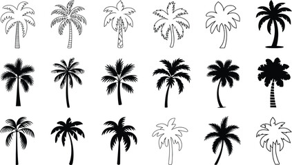 Collection of palm trees in various styles, from outline to silhouette, for tropical designs.