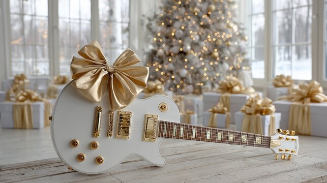 A white electric guitar with a gold bow sits in a bright room with a decorated Christmas tree and wrapped gifts, creating a festive holiday atmosphere. - Powered by Adobe