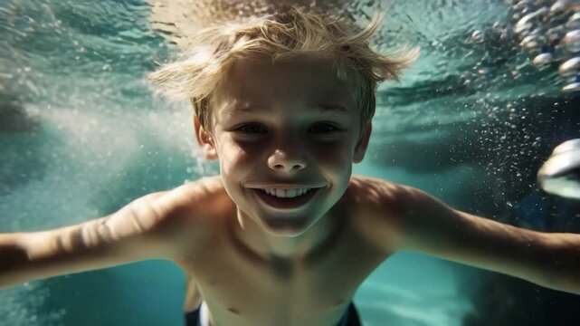Joyful underwater child swimming with playful expression and bubble surroundings