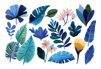 Fototapeta premium Tropical leaves and flowers collection, isolated watercolor illustration