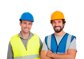 Two young men construction workers smiling in safety gear on transparent background, PNG