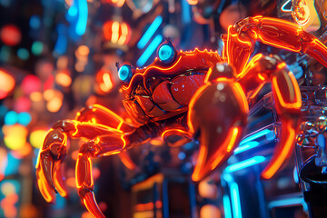 A crab illuminated by neon lights in an abstract futuristic setting