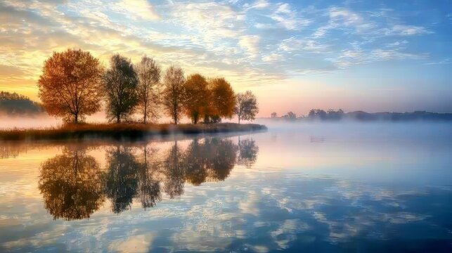 Fog over a serene lake with trees reflected along the shoreline