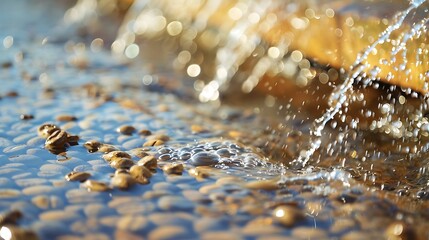 Close up of coffee beans being washed by sparkling water in soft light