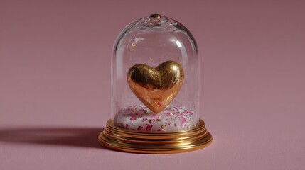 A golden heart sits on a donut with sprinkles, encased in a glass dome on a pink background, symbolizing love and sweetness.